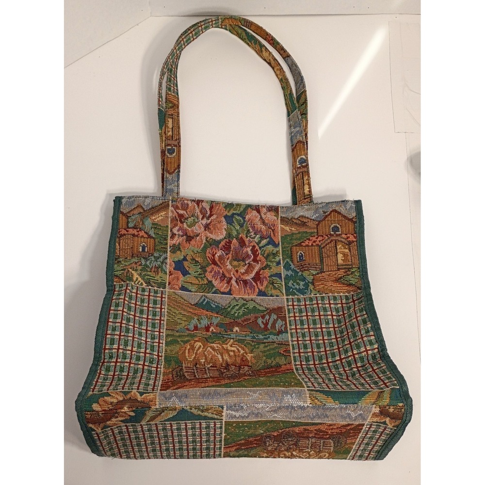 Vintage Tapestry Pioneer Express Purse Tote Bag Double Handle Zipper Country